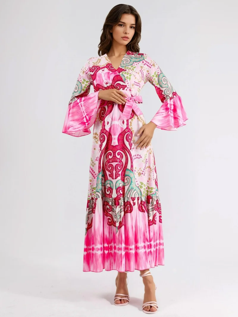 جينيفر Frilly Paisley V-neck Maxi Dress