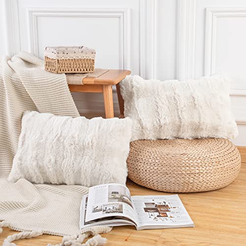 MADIZZ Pack of 2 Thick Plush Wool Throw Pillow Covers 12x20 Inch Cream Soft Neutral Decorative Throw Pillows Accent Boho Cushion Covers for Couch Sofa Bedroom Pillow Shell - Image 2