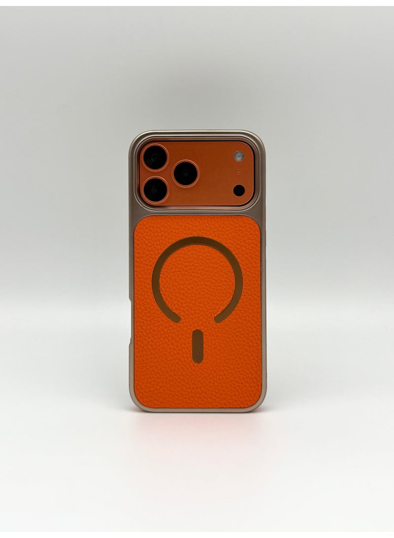 general Luxury Vegan Leather MagSafe iPhone Case with Electroplated Metal Frame & Lens Protection – Premium Slim Shockproof Back Cover for iPhone 17 Pro Max - Image 1