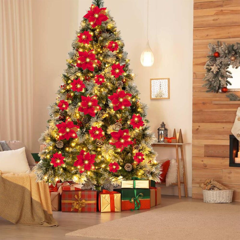 Geefuun 28PCS Christmas Tree Decorations: Poinsettias Artificial Flowers Ornaments Xmas Red Glitter Flower with Clips,3 Sizes Not Included Stems - Image 3