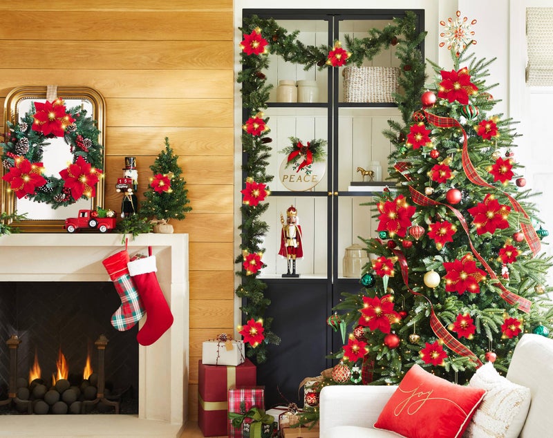 Geefuun 28PCS Christmas Tree Decorations: Poinsettias Artificial Flowers Ornaments Xmas Red Glitter Flower with Clips,3 Sizes Not Included Stems - Image 5