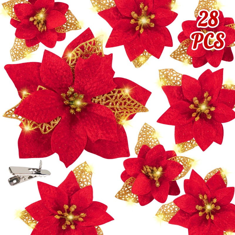Geefuun 28PCS Christmas Tree Decorations: Poinsettias Artificial Flowers Ornaments Xmas Red Glitter Flower with Clips,3 Sizes Not Included Stems - Image 1