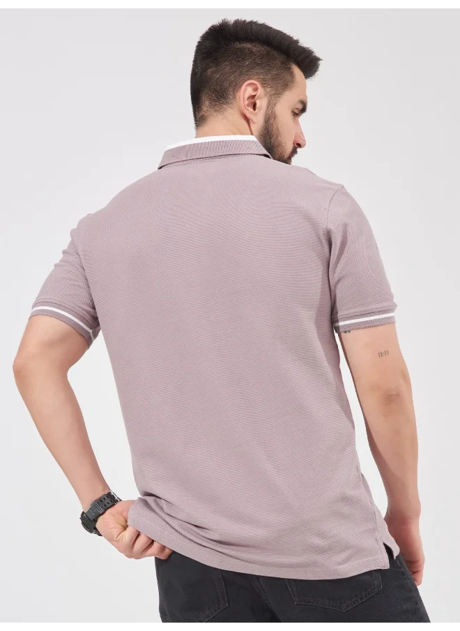 Maniac Mens Solid Polo Neck Half Sleeve Lavender Cotton Slim Fit T-Shirt