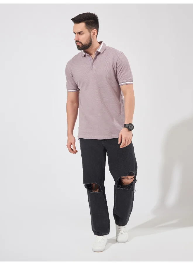 Maniac Mens Solid Polo Neck Half Sleeve Lavender Cotton Slim Fit T-Shirt