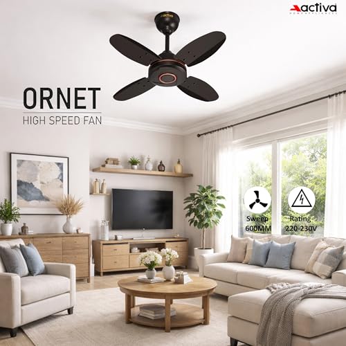 ACTIVA ORNET 600mm Ceiling Fan, 850 RPM High Speed Air Delivery with 4 Blades, Anti-Dust Coating, 2 Years Warranty - Smoke Brown - Image 3