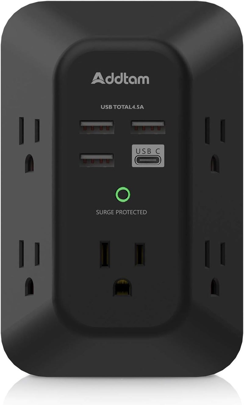 Addtam USB Wall Charger Surge Protector - 5 Outlet Extender with 4 USB Charging Ports (1 USB C), 3-Sided 1800J Power Strip Multi Plug Outlets Adapter Widely Spaced,Black - Image 1