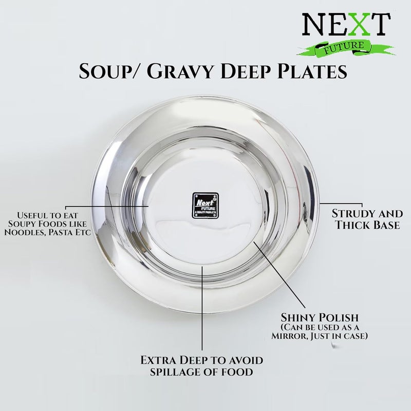 Next Future Stainless Steel Deep SoupBreakfastMaggiPastaGravy Plate Medium Size with Mirror Polish Heavy Gauge Soup Plate Set of 6 Diameter 8 Inches 21 cms 9 Inches SemiLarge - Image 3
