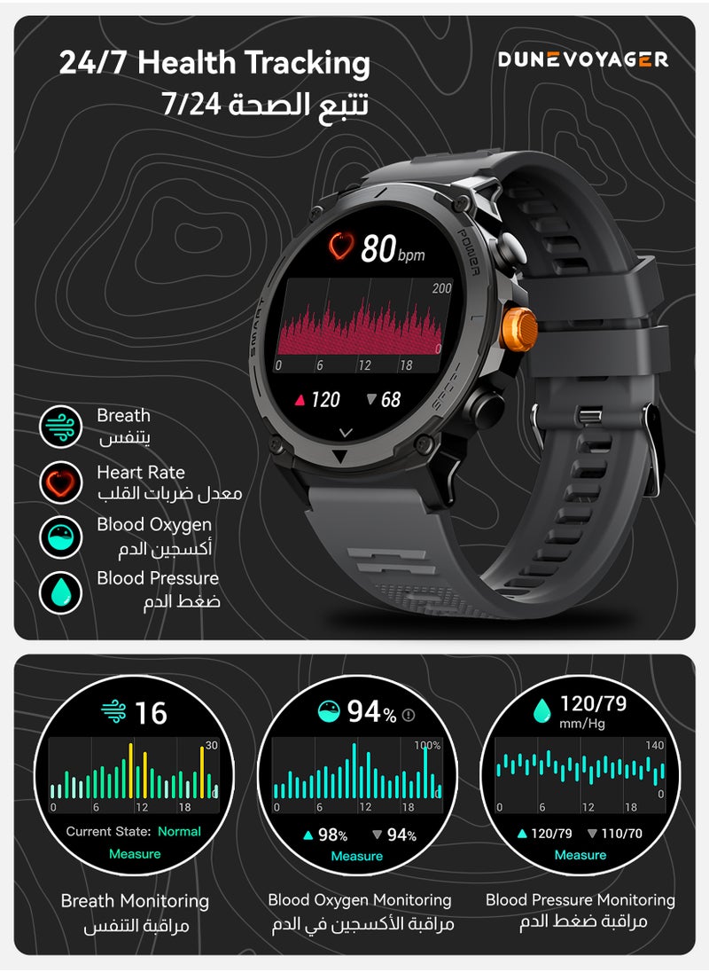 DuneVoyager - Smartwatch With HD AMOLED Display 370mAh  Round Smart Watch for Men Women，HD BT Calling，Multi Sport Modes，IP68 Waterproof，Real-Time Heart Rate & SPO2 Monitoring，GPS Tracking，Ultra-Smart Watch Black - Image 1