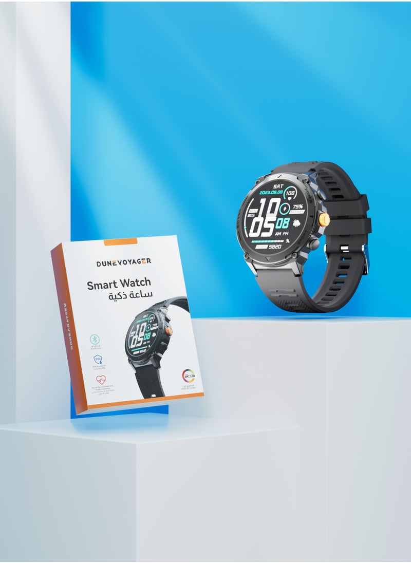 DuneVoyager - Smartwatch With HD AMOLED Display 370mAh  Round Smart Watch for Men Women，HD BT Calling，Multi Sport Modes，IP68 Waterproof，Real-Time Heart Rate & SPO2 Monitoring，GPS Tracking，Ultra-Smart Watch Black - Image 1