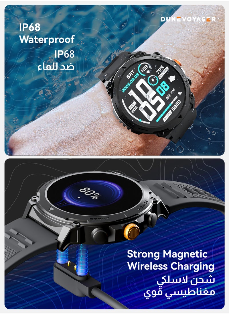 DuneVoyager - Smartwatch With HD AMOLED Display 370mAh  Round Smart Watch for Men Women，HD BT Calling，Multi Sport Modes，IP68 Waterproof，Real-Time Heart Rate & SPO2 Monitoring，GPS Tracking，Ultra-Smart Watch Black - Image 1