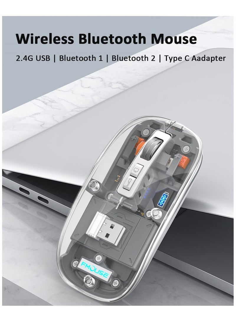 Excefore Wireless Bluetooth Mouse, Tri-Mode (BT1+BT2+2.4G) USB C Rechargeable Computer Mouse, Full Transparent Portable Silent Mouse with USB Receiver for Laptop (Grey)  - Image 3
