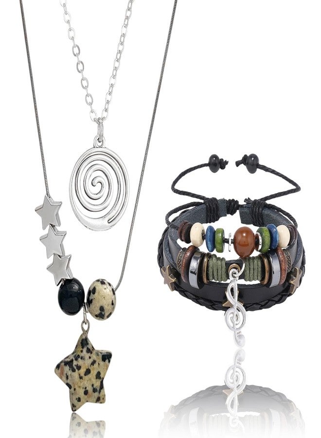 CZMZHFC Multilayer Y2K Star Necklace and Fairycore Grunge Bracelet Set, Handmade Gothic Swirl Star Jewelry, Punk Rock Music Guitar Accessories, Stylish Grunge Jewelry for Women Men - Image 1