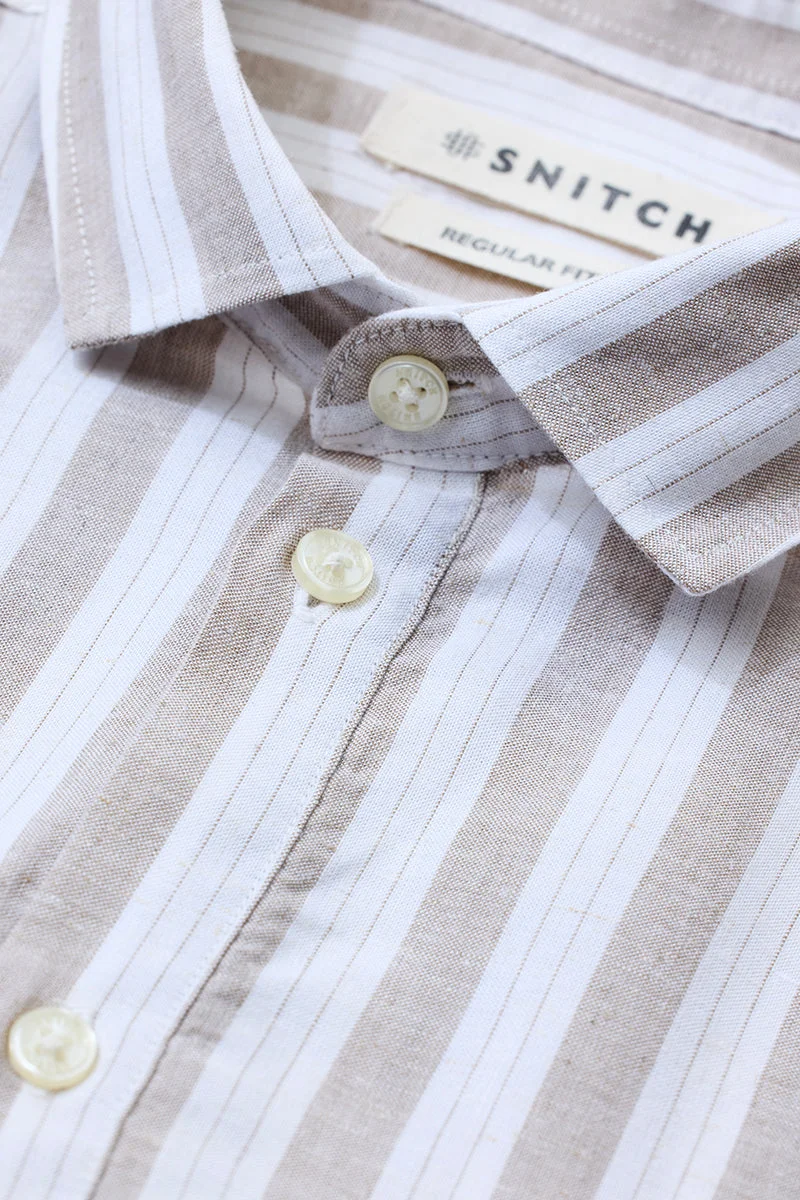 SNITCH Regular Fit Linen Blend Stripes Beige Kurta Shirt