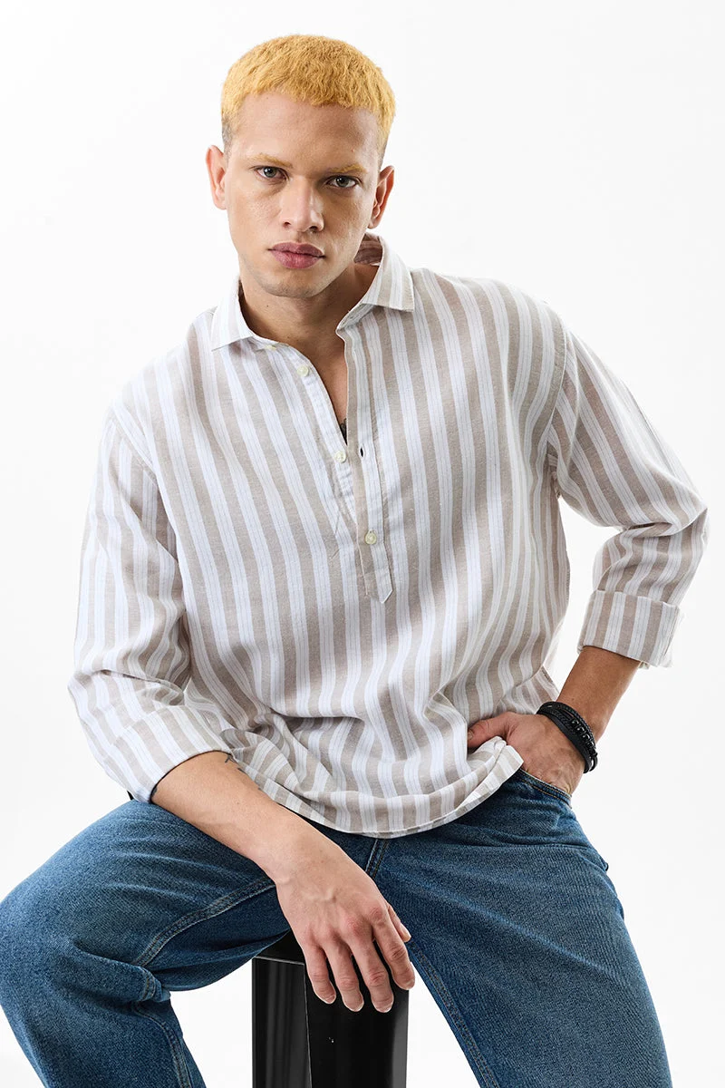 SNITCH Regular Fit Linen Blend Stripes Beige Kurta Shirt