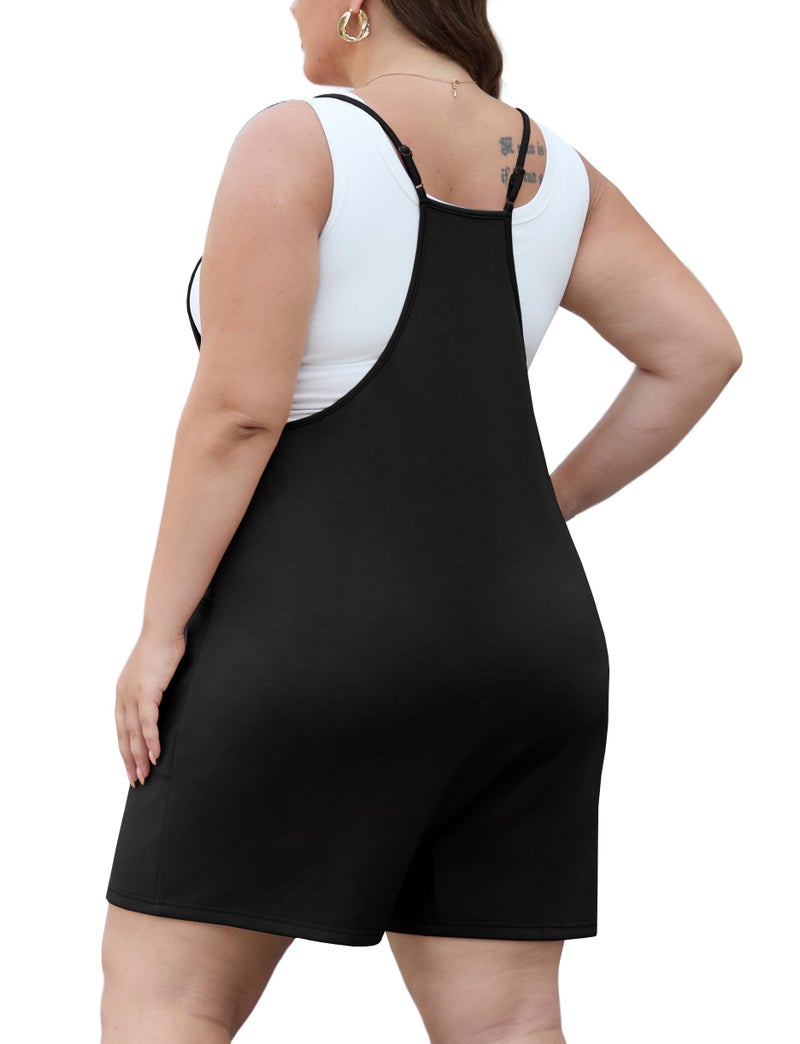OLRIK Womens 2026 Summer Plus Size Romper Adjustable Spaghetti Strap Jumpsuits With Pockets Sleeveless Casual Overall Shorts Black-1X - Image 5