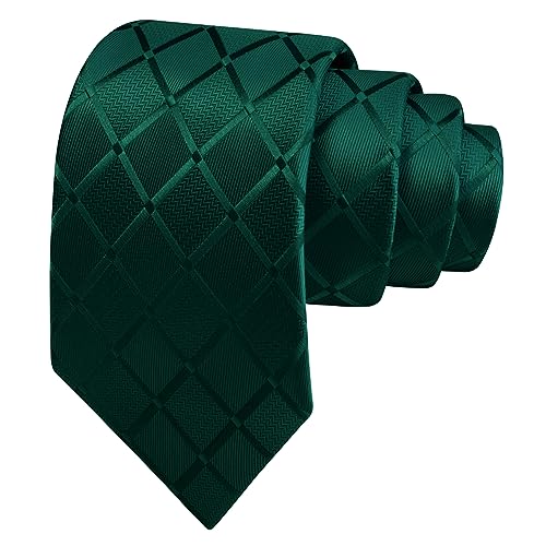 GUSLESON Dark Green Mens Plaid Checkered Wedding Necktie Pocket Square Cufflinks and Lapel Pin Brooch Set (IN6104-27) - Image 3