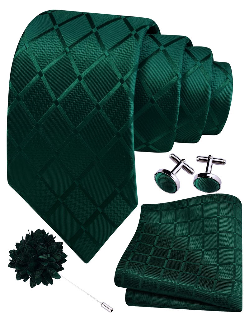 GUSLESON Dark Green Mens Plaid Checkered Wedding Necktie Pocket Square Cufflinks and Lapel Pin Brooch Set (IN6104-27) - Image 1