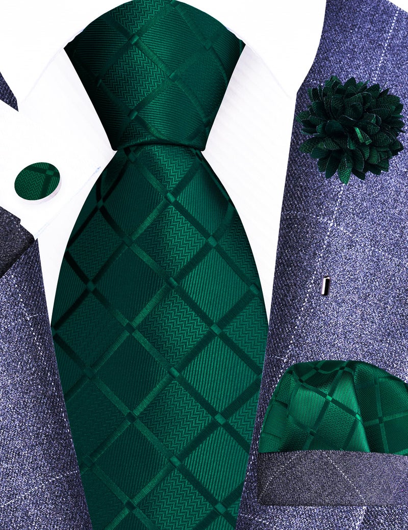 GUSLESON Dark Green Mens Plaid Checkered Wedding Necktie Pocket Square Cufflinks and Lapel Pin Brooch Set (IN6104-27) - Image 2