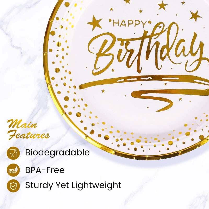 KFJBPB 50PCS Happy Birthday Paper Plates with Gold Trim 7inch  Disposable White Gold Dessert Paper Plates Dinner Plates Cake Plate Party Supplies for Birthday Party Decorations - Image 3