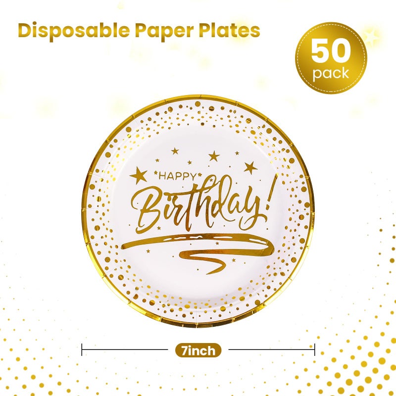 KFJBPB 50PCS Happy Birthday Paper Plates with Gold Trim 7inch  Disposable White Gold Dessert Paper Plates Dinner Plates Cake Plate Party Supplies for Birthday Party Decorations - Image 2