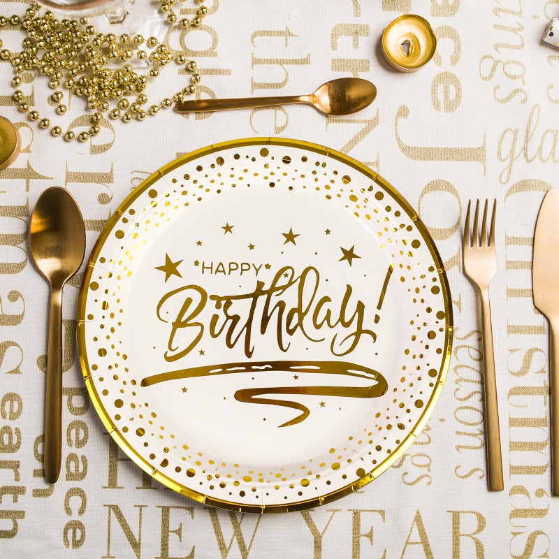 KFJBPB 50PCS Happy Birthday Paper Plates with Gold Trim 7inch  Disposable White Gold Dessert Paper Plates Dinner Plates Cake Plate Party Supplies for Birthday Party Decorations - Image 4