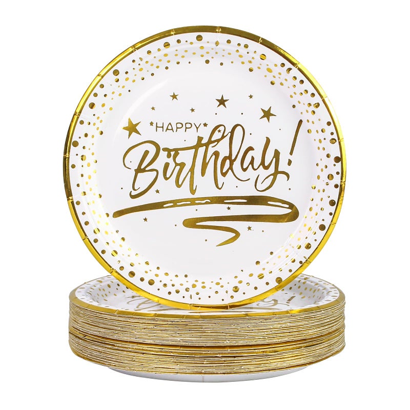KFJBPB 50PCS Happy Birthday Paper Plates with Gold Trim 7inch  Disposable White Gold Dessert Paper Plates Dinner Plates Cake Plate Party Supplies for Birthday Party Decorations - Image 1
