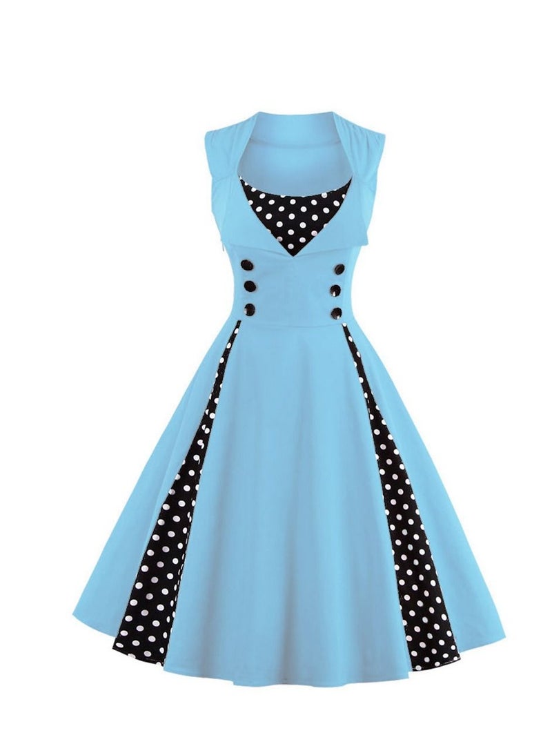 Loquat Square Neck Retro Autumn Dress Baby Blue  - Image 1