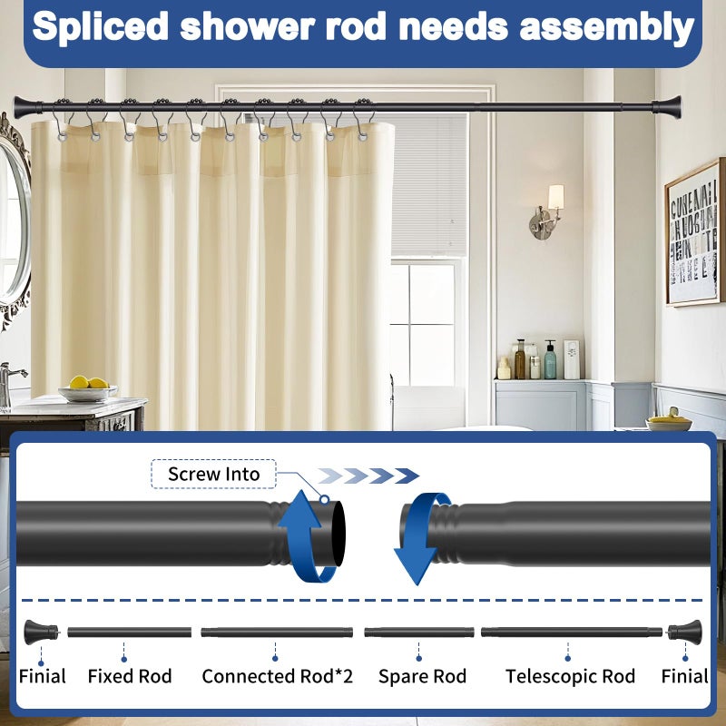 YNL Matte Black Shower Curtain Rod 36-84 Inch(3-7ft), No Slip No Drill Stainless Steel Spring Tension Curtain Rod, No Rust Shower Rod Adjustable For Bathroom Window Bedroom - Image 5