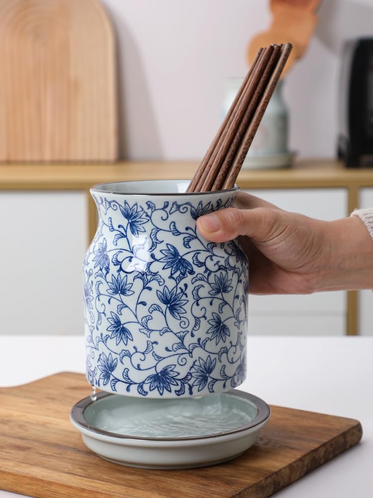 123Arts Ceramic Utensil Holder, Blue and White Utensil Crock with Tray, Kitchen Storage Animal Decor - Image 4