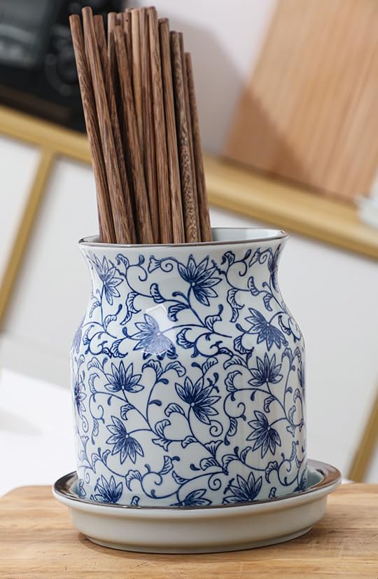 123Arts Ceramic Utensil Holder, Blue and White Utensil Crock with Tray, Kitchen Storage Animal Decor - Image 3