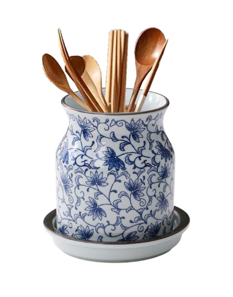 123Arts Ceramic Utensil Holder, Blue and White Utensil Crock with Tray, Kitchen Storage Animal Decor - Image 1