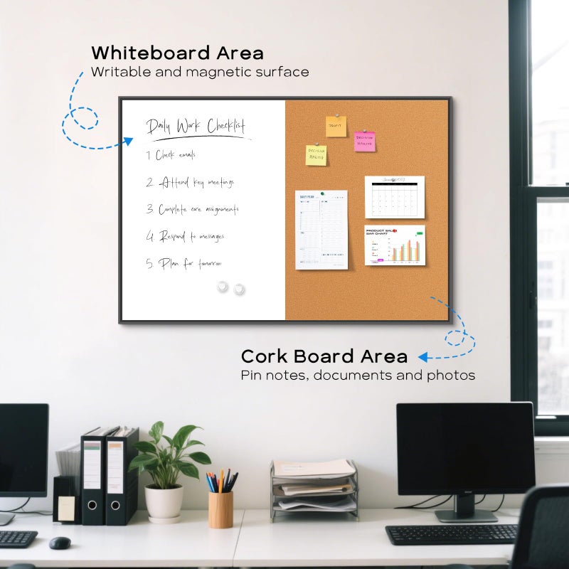 QUEENLINK White Board Cork Board Combo, 36'' x 24'', Magnetic Dry Erase Board and Pin Board for Wall, Black Aluminum Frame Bulletin Board for Home Office School with Accessories - Image 2