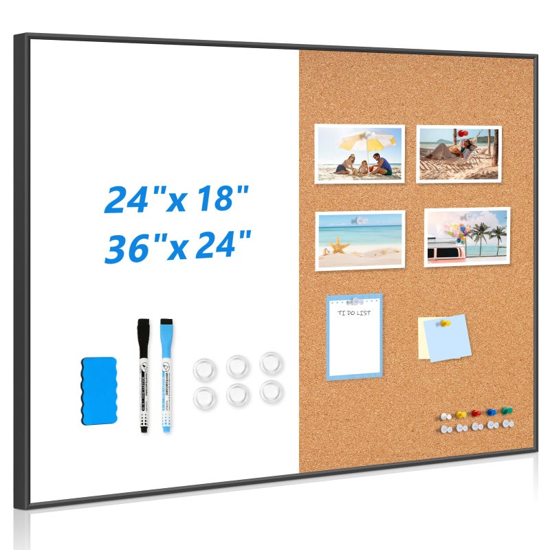 QUEENLINK White Board Cork Board Combo, 36'' x 24'', Magnetic Dry Erase Board and Pin Board for Wall, Black Aluminum Frame Bulletin Board for Home Office School with Accessories - Image 1