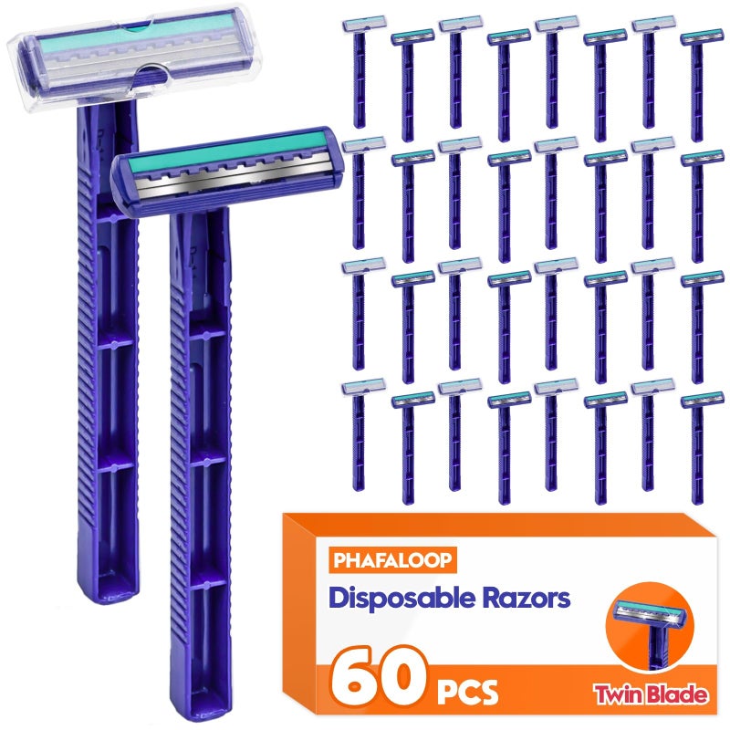 Phafaloop Twin Blade Disposable Razors for Men & Women â€“ Bulk 60 Pack Stainless Steel Shavers with Lubricating Strip, Safety Cap & Non-Slip Handle for Sensitive Skin, Travel, Hotel, Charity â€“ Blue - Image 1