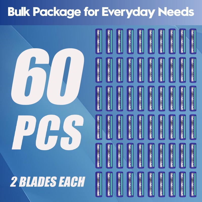 Phafaloop Twin Blade Disposable Razors for Men & Women â€“ Bulk 60 Pack Stainless Steel Shavers with Lubricating Strip, Safety Cap & Non-Slip Handle for Sensitive Skin, Travel, Hotel, Charity â€“ Blue - Image 4