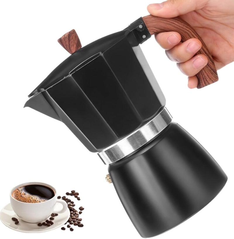 SHANGSKY Espresso Maker Italian Coffee Maker 10oz, Stovetop Coffee Maker Cafetera Italiana Aluminum Mocha Pot with Wooden Handle, Stove Top Espresso Machine (Black)