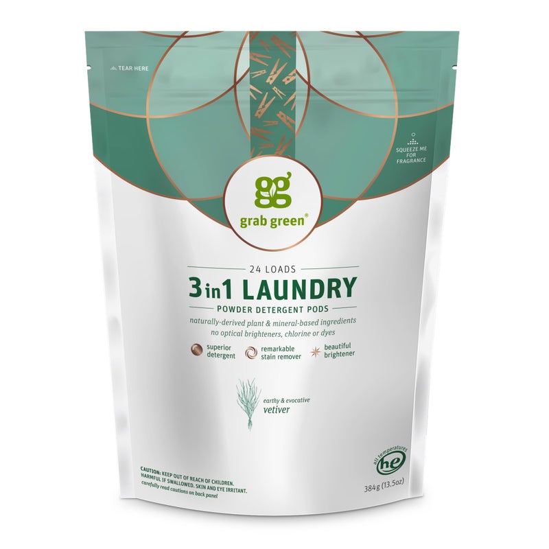 Grab Green 3in1 Laundry Detergent Pods 24 Count Vetiver Scent Plant and Mineral Based Superior Cleaning Power Stain Remover Brightens Clothes