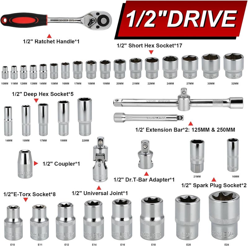 TLGREEN 108-Pieces 1/4" and 1/2" Drive Sockets Set with Ratchet and Wrench - Image 5