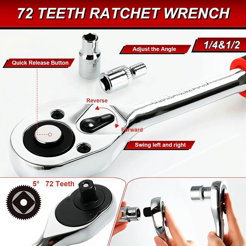 TLGREEN 108-Pieces 1/4" and 1/2" Drive Sockets Set with Ratchet and Wrench - Image 4