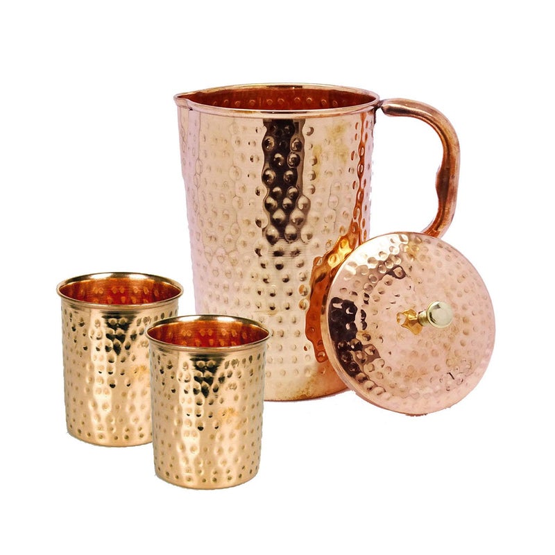 HarLen Ukal Pure Copper Handmade Hammered Tumbler Jug Pitcher and 2 Copper Tumbler Glass Set for Ayurveda Yoga health benefits 50 Ounce  - Image 1