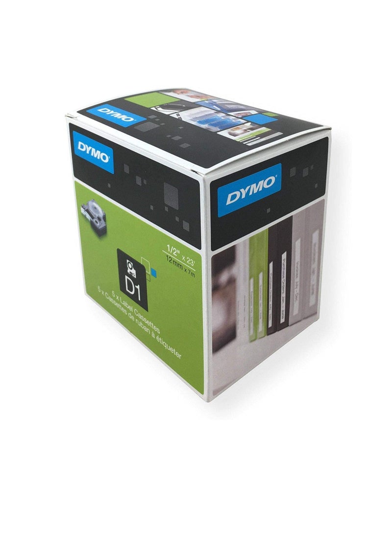 DYMO D1 5 nos Labeling 1/2"x23' Black Print on White Tape 12mm X 7M D1 Label Cassette Split Back Easy Peel Adhesive - Image 3