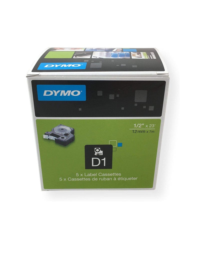 DYMO D1 5 nos Labeling 1/2"x23' Black Print on White Tape 12mm X 7M D1 Label Cassette Split Back Easy Peel Adhesive - Image 2