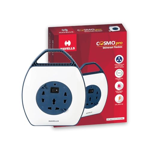 Havells Cosmo Pro 3+1 Reel| Extension Board - 5 Mtr ISI Marked Cable|3 Pin & 2x2 Pins Universal Sockets with Master Switch| LED Indicator| 6A, 240 Volts| Ultra-Smooth Rotation - Image 1