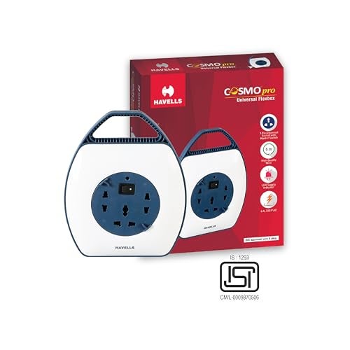 Havells Cosmo Pro 3+1 Reel| Extension Board - 5 Mtr ISI Marked Cable|3 Pin & 2x2 Pins Universal Sockets with Master Switch| LED Indicator| 6A, 240 Volts| Ultra-Smooth Rotation - Image 2