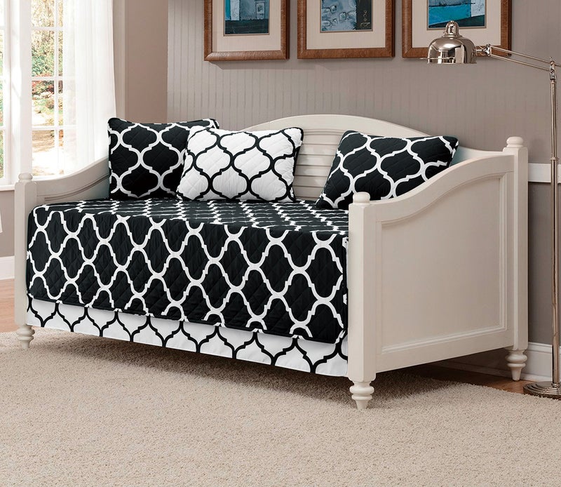 Mk Home 5pc Daybed Set Quilted Bedspread Coverlet New (Geometric Contemporary Pattern Black White) - Image 2