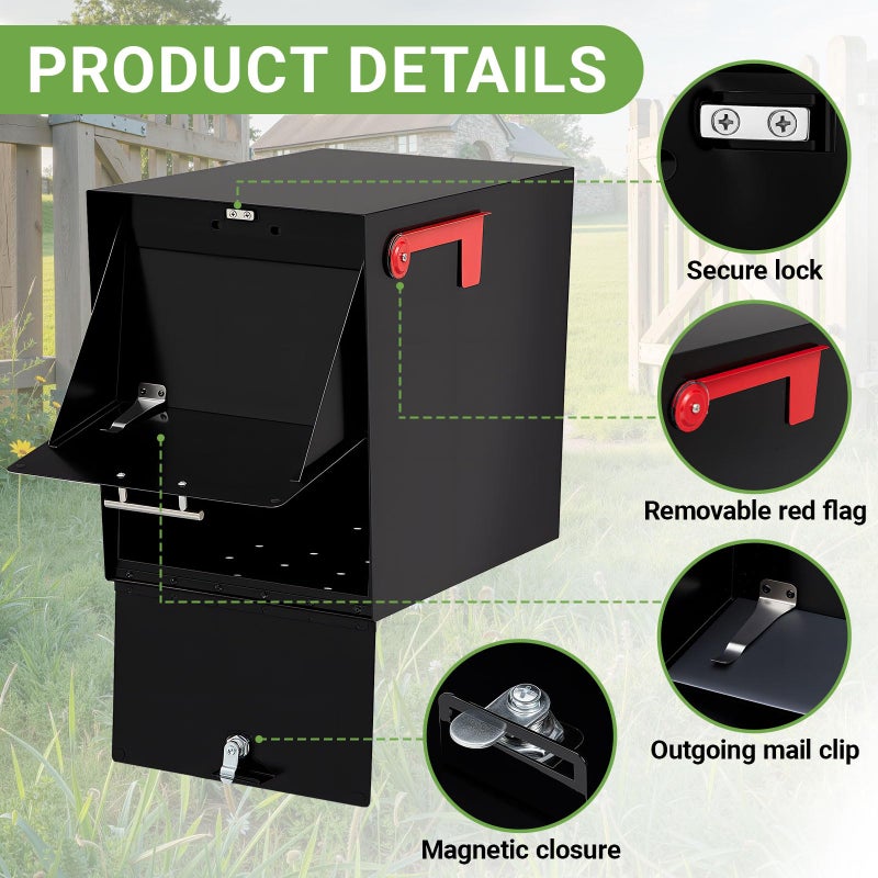 Yaocom Post Mount Mailboxes for Outside Classic Locking Security Mail Box with 3 Keys, 18 x 15 x 11.5 Inch Black Modern Curbside Mailbox Weatherproof with Reflective Numbers - Image 3