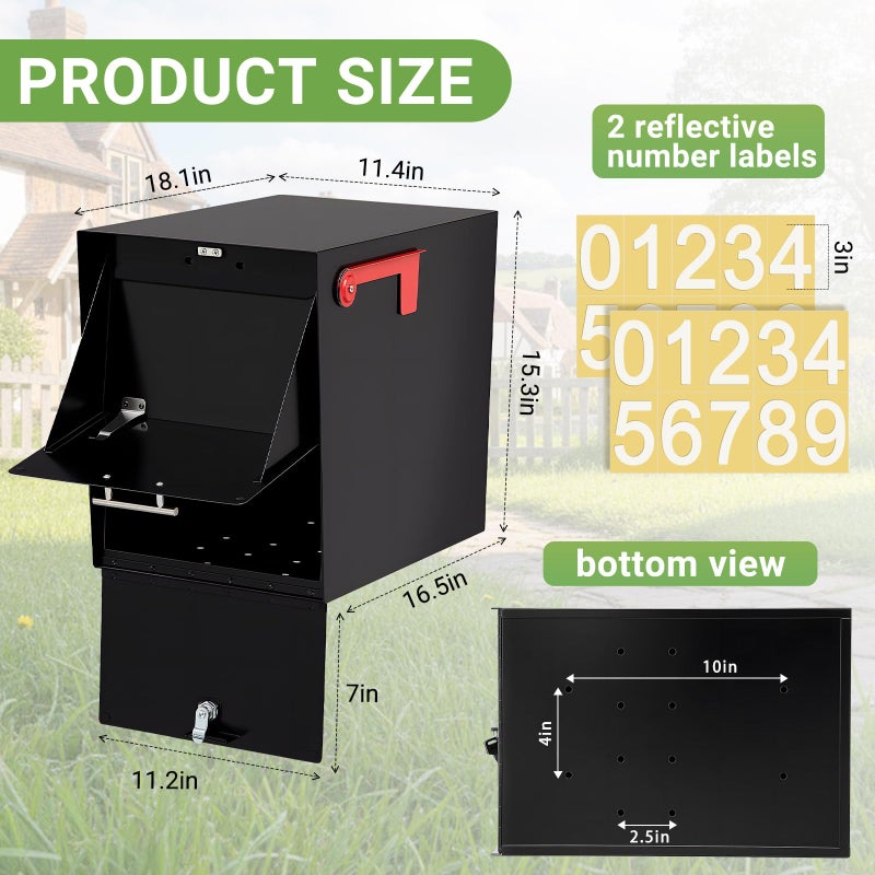Yaocom Post Mount Mailboxes for Outside Classic Locking Security Mail Box with 3 Keys, 18 x 15 x 11.5 Inch Black Modern Curbside Mailbox Weatherproof with Reflective Numbers - Image 2