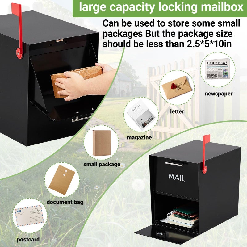 Yaocom Post Mount Mailboxes for Outside Classic Locking Security Mail Box with 3 Keys, 18 x 15 x 11.5 Inch Black Modern Curbside Mailbox Weatherproof with Reflective Numbers - Image 4