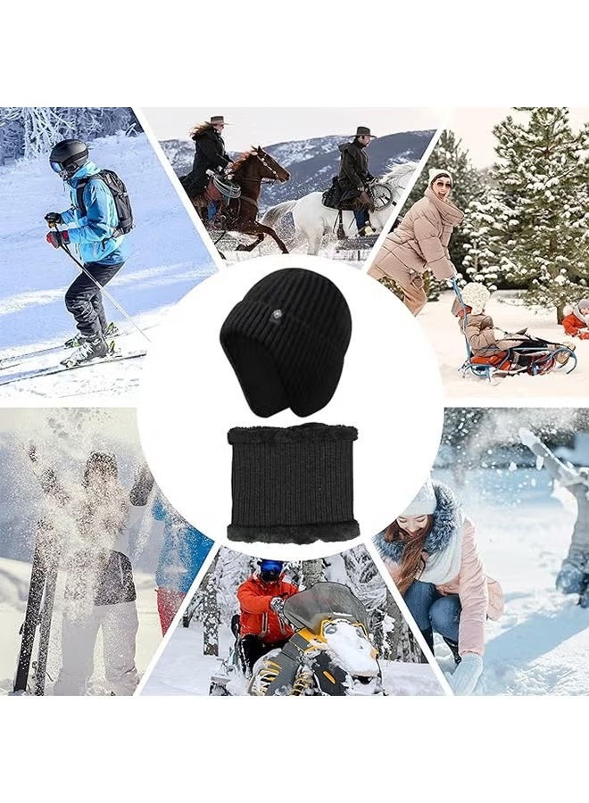 جوي فيش 2pcs الرجال الشتاء الحياكة Beanie مع الأذن رقبة دافئة مجموعة في الهواء الطلق دافئة الحرارية الحياكة قبعة مع الصوف مغطاة قبعة الجمجمة للنساء - Image 5