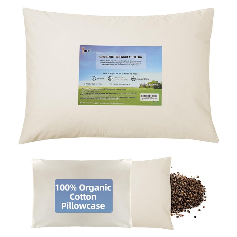 LOFE Organic Buckwheat Pillow for Sleeping with Organic Cotton Pillowcase - Kids/Travel Size 11''x16'' Adjustable Firm Pillow, Cervical Support for Back and Side Sleepers(Tartary Buckwheat Hulls) - Image 1